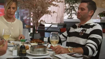 Ralph Lauren Purple Label Black Striped Jersey Rugby Crest Patch Polo Shirt worn by Josh Flagg as seen in Million Dollar Listing Los Angeles (S14E10)