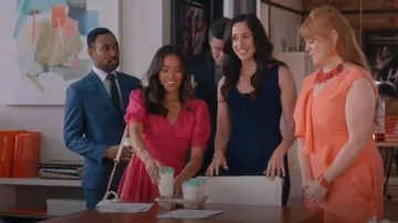 Lipsy Embroidered Surplice Burnout Skater Dress worn by Jenny Matthews (Jessalyn Wanlim) as seen in Workin' Moms(S07E02)