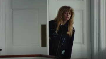 SJYP Navy Festival Embroidery Jacket worn by Charlie Cale (Natasha Lyonne) as seen in Poker Face (S01E05)