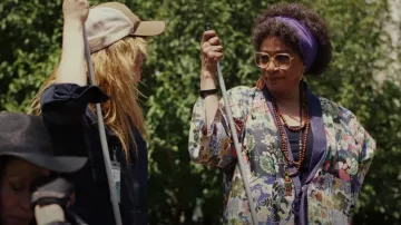 Johnny Was Chelsea Yena Multi Floral Print V-Neck Ki­mono worn by Joyce Harris (S. Epatha Merkerson) as seen in Poker Face (S01E05)