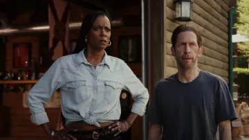 Levi's Light Blue Snap Button Western Shirt Women worn by Donna Owens (Leslie Silva) as seen in Poker Face (S01E07)