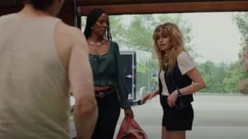 Bebe Women's Gray Musical Notes Vest worn by Charlie Cale (Natasha Lyonne) as seen in Poker Face (S01E07)