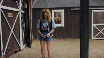 Stoned Immaculate Maggie Magic Mushroom Denim Short worn by Charlie Cale (Natasha Lyonne) as seen in Poker Face (S01E08)