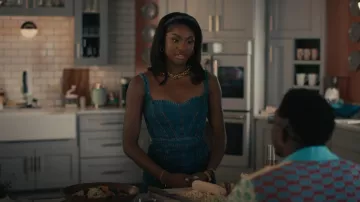 Alexander McQueen Corset Style Fluted Denim Dress worn by Hilary Banks (Coco Jones) as seen in Bel-Air (S02E02)
