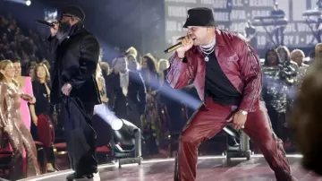 Red Leather Jacket and Pants set worn by LL Cool J for his live performance at 2023 Grammy Awards 