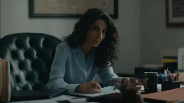 Theory Stretch Silk Clas­sic Fit­ted Shirt worn by Evelyn (Necar Zadegan) as seen in Mayor of Kingstown (S02E04)