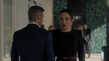 Valentino logo red belt worn by Francesca (Li Jun Li) as seen in Sex/Life TV show wardrobe (Season 2 Episode 2)
