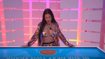 Pretty Little Thing Purple Leaf Print Beach Shirt worn by Francesca Farago as seen in Perfect Match (S01E10)