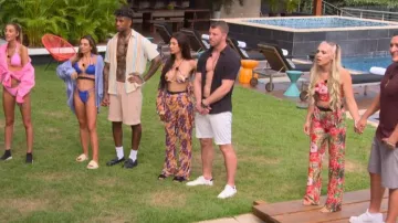 Pretty Little Thing Purple Leaf Print Beach Flares worn by Francesca Farago as seen in Perfect Match (S01E10)