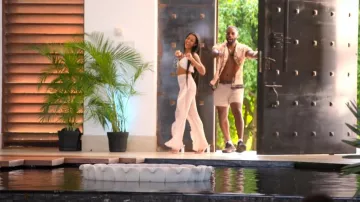 Pretty Little Thing Nude Frill Mesh Beach Pants worn by Izzy Fairthorne as seen in Perfect Match (S01E11)