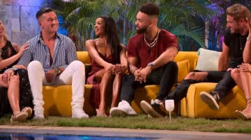 Pretty Little Thing Burgundy Wrap Satin Dress worn by Izzy Fairthorne as seen in Perfect Match (S01E12)