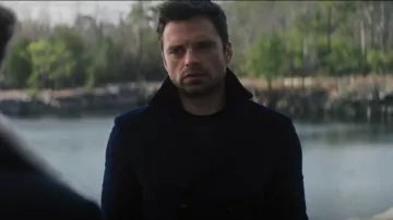 Ted Baker Zachary Pea­coat worn by Bucky Barnes (Sebastian Stan) as seen in The Falcon and the Winter Soldier (S01E05)