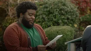 Zara Geo­met­ric Jacquard Cardi­gan worn by Hudson(Jonathan Langdon) as seen in Run the Burbs(S02E07)