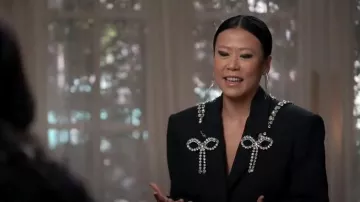 Area Nameplate Crystal Trim Open Back Crop Blazer worn by Domee Shi as seen in Good Morning America on March 6, 2023