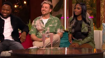 Pretty Little Thing Sage Green Leather Mini SKirt worn by Maya Jama as seen in Love Island: Aftersun