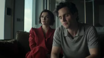 Alberta Ferretti Satin Dou­ble Breast Blaz­er worn by Kate Galvin (Charlotte Ritchie) as seen in You (S04E10)