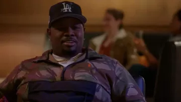 Polo Ralph Lauren Men Quarter Zip Military Camo Hybrid Hoodie Sweatshirt worn by Sherm Jones (Carl Tart) as seen in Grand Crew (S02E02)