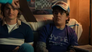 Byte Off 8 bit Letter Tee in purple worn by Dustin Henderson (Gaten Matarazzo) in Stranger Things Wardrobe (S04E05)