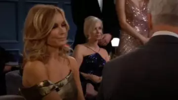 Ieena for Mac Duggal Asymmetric Metallic Wrap Front Gown worn by  Lauren Fenmore(Tracey E. Bregman) as seen in The Young and the Restless on March 23, 2023