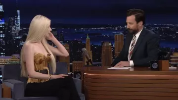 Schiaparelli Goldy Bustier Top worn by Anya Taylor-Joy as seen in The Tonight Show Starring Jimmy Fallon