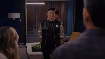 Palm Angels PXP Colour Block Bomber Jack­et worn by Che Diaz (Sara Ramirez) as seen in And Just Like That… (S01E10)
