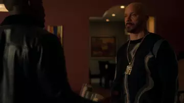 Fendi FF-jacquard cotton-blend sweater worn by Lorenzo Tejada (Berto Colon) as seen in Power Book II: Ghost (S03E02)