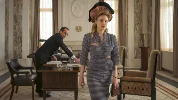 Jacket and skirt striped set worn by Mary Jayne Gold (Gillian Jacobs) as seen in Transatlantic (Season 1)