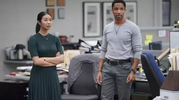 Ted Baker Green Pleated Dress worn by Jieun Park (Ami Park) as seen in Alaska Daily TV series wardrobe (Season 1 Episode 5)