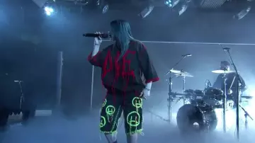 Tein Sad emoji shorts worn by Billie Eilish for her live performance at Jimmy Kimmel Live