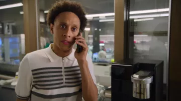 Reiss Striped zip polo shirt worn by Malcolm (Aaron Branch) as seen in Unstable (S01E07)