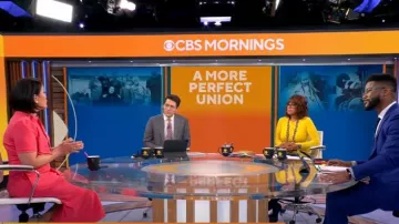 Maggy London Short Sleeve Tie Neck Dress worn by Elaine Quijano as seen in CBS Mornings on March 28, 2023