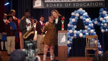Future Collective with Kahlana Barfield Leopard Denim Dress worn by Ashley (Keyla Monterroso Mejia) as seen in Abbott Elementary (S02E20)