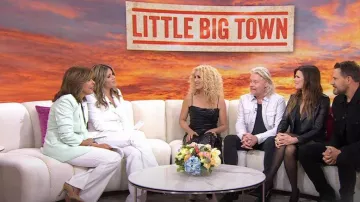 SimKhai Imara Faux Leather Draped Bustier Top worn by Kimberly Schlapman as seen in Today with Hoda & Jenna on April 5, 2023