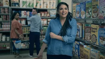 Saks fifth Avenue High Low Roll Tab Shirt worn by Melissa Gimble (Cecily Strong) as seen in Schmigadoon! (S02E01)