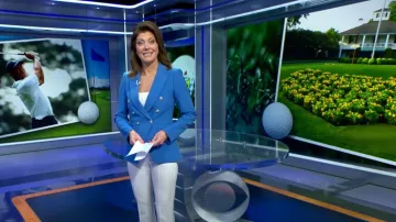 Veronica Beard Miller Chaqueta Dickey en Bluebell usada por Norah O'Donnell como se ve en CBS Evening News el 6 de abril de 2023