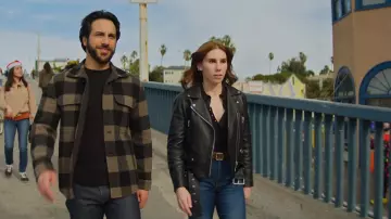 Acne Studios Mock Core Leather Moto Jacketv worn by Annie Mouradian (Zosia Mamet) as seen in The Flight Attendant (S02E07)