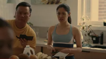 The Upside Women's Blue Colorblock Leila Sandy Sports Bra worn by Amy Kwan (JJ Fong) as seen in Wellmania (S01E01)