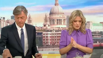 LK Bennett Aldous Purple Diamante Buckle Belted Jumpsuit worn by Charlotte Hawkins as seen in Good Morning Britain on April 12, 2023