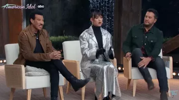 Acne Studios metallic oversized jacket and skirt worn by Katy Perry as seen in American Idol