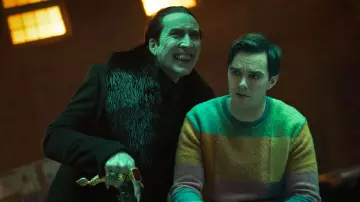 Ralph Lauren Color block sweater worn by Renfield (Nicholas Hoult) as seen in Renfield movie outfits