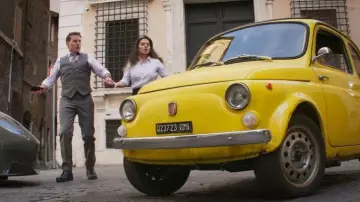 Yellow Fiat 500 driven by Ethan Hunt (Tom Cruise) as seen in Mission: Impossible - Dead Reckoning Part One
