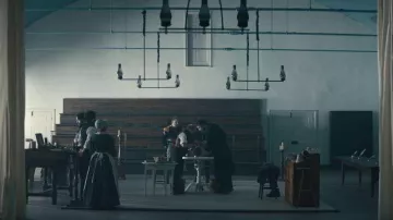 Great Feast Hall at the Old Economy Village in Ambridge as the morgue of Dr. Daniel Marquis (Toby Jones) in The Pale Blue Eye