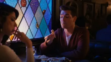 Sandro Wheat Embroidered Wool Blend Cardigan usado por Darcy Leeds (Matt Rogers) como se ve en I Love That for You (S01E03)