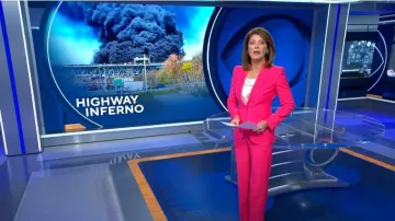 Alexander McQueen Chaqueta de blazer a medida de un solo pecho usada por Norah O'Donnell como se ve en CBS Evening News el 21 de abril de 2023