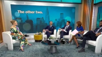 Pantalon de jardin impressionniste Stine Goya porté par Heléne Yorke vu dans CBS Mornings le 28 avril 2023