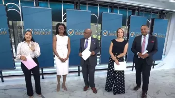 Eliza J Polka Dot Wide Leg Crepe Pants worn by Dylan Dreyer as seen in Today on May 1, 2023