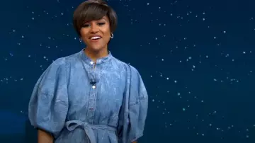Stella McCartney Puff Sleeve Crinkled Denim Shirtdress worn by Ariana DeBose as seen in Good Morning America on May 8, 2023