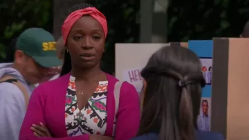 Ba&sh Fida Printed Blouse worn by Abishola (Folake Olowofoyeku) as seen in Bob Hearts Abishola TV show (Season 4 Episode 20)