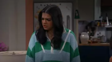 Staud Hampton Half-Zip Striped Cotton-Blend Sweater worn by Mayan (Mayan Lopez) as seen in Lopez vs Lopez (S01E22)