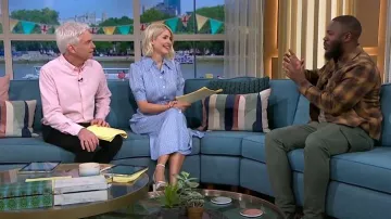 LK Bennett Florance White Leather Buckle-Detail Sandals worn by Holly Willoughby as seen in This Morning on May 4, 2023